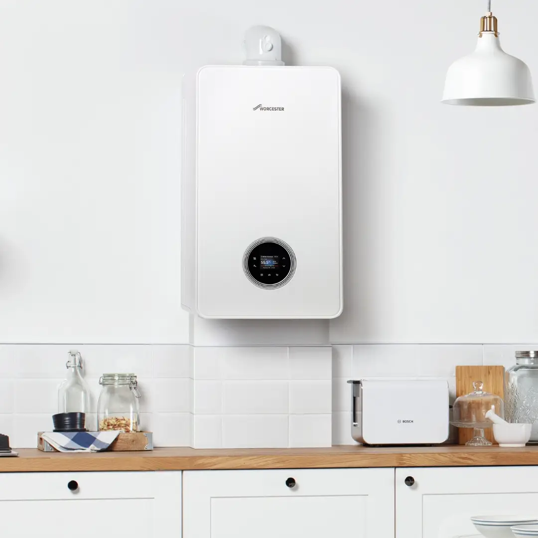 Worcester 4000 white boiler with 10 year guarantee installed in Kitchen in Stockport house